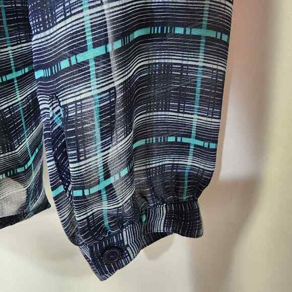 Ann Taylor LOFT Women Top Petite Medium Plaid Sheer Roll Tab Sleeve Popover Blue - Picture 7 of 10